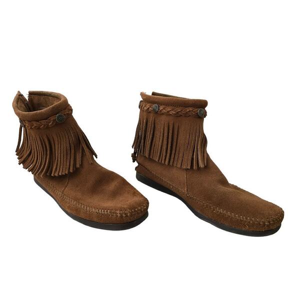 Minnetonka Ankle Boots 8 Brown Suede Leather Fringe High Top Back Zip Booties - Picture 5 of 10